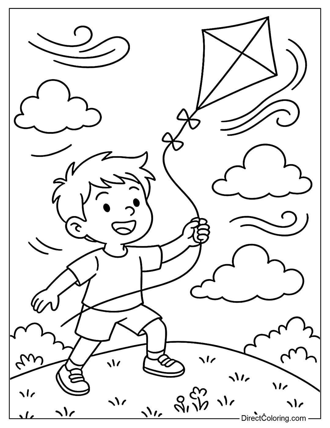 Coloring page of a boy holding a kite string in the middle of a windy hilltop, the kite flies high